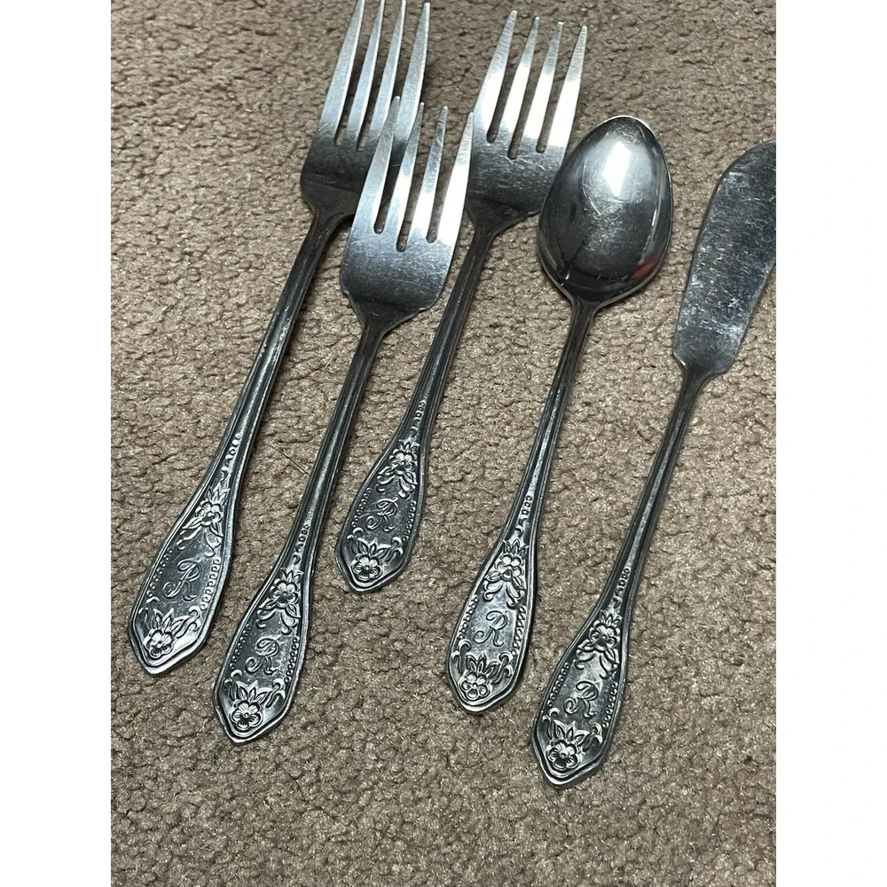 Custom Craft Stainless Engraved R Flatware 5 Floral Vtg‎ Japan Forks Spoon Knife